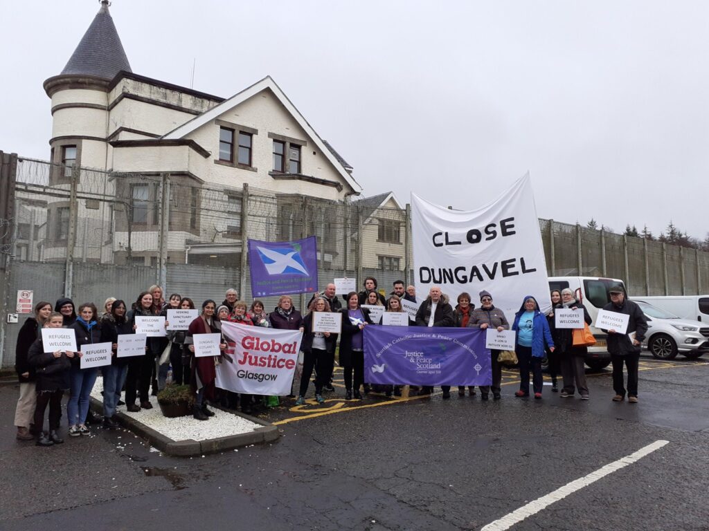 protestors outside Dungavel detention centre calling for its closure